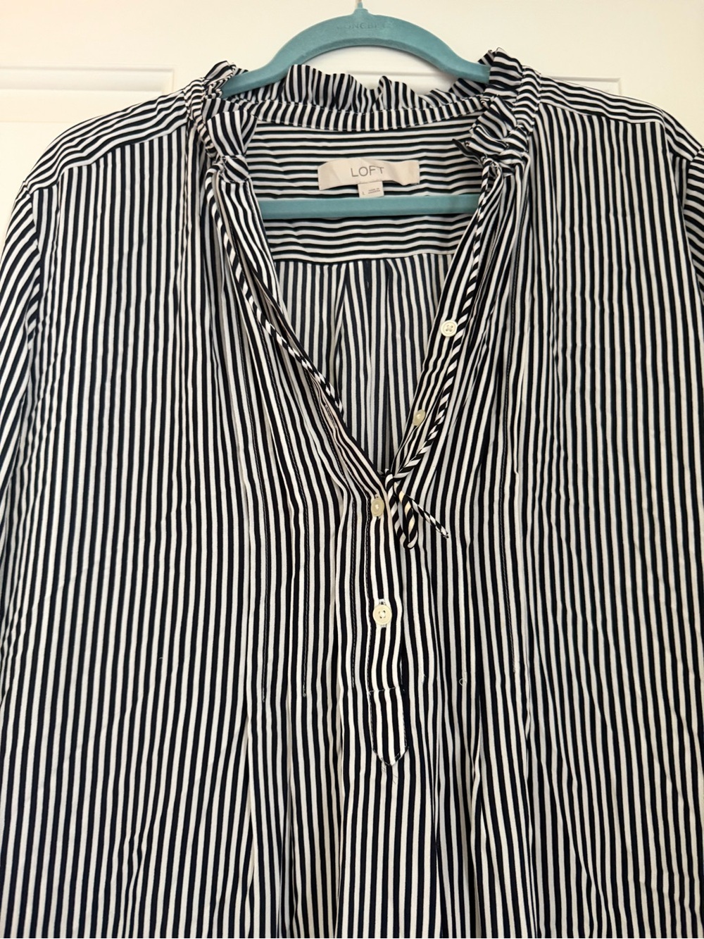 LOFT Black & White Vertical Stripe Ruffle-Neck Button Front Blouse